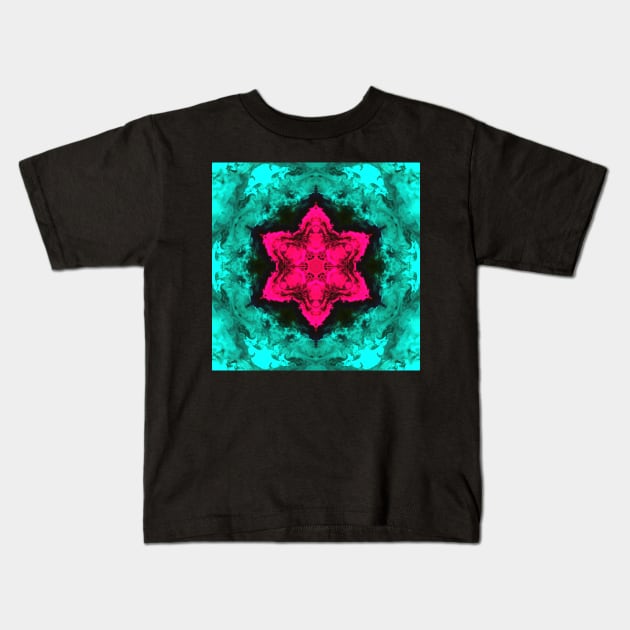 Cyan and Pink Smoke Kaleidoscope Pattern Kids T-Shirt by WormholeOrbital